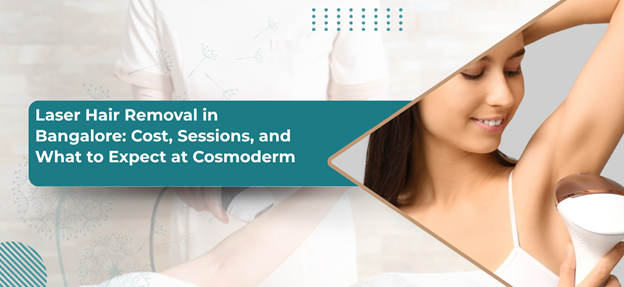 Banner for an article on laser hair removal in Bangalore, noting cost, sessions, and what to expect at Cosmoderm; features a smiling client during a treatment.