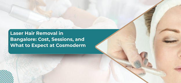 Banner advertising laser hair removal in Bangalore with the headline 'Laser Hair Removal in Bangalore: Cost, Sessions, and What to Expect at Cosmoder' and a close-up of a technician using a laser on a woman's skin.