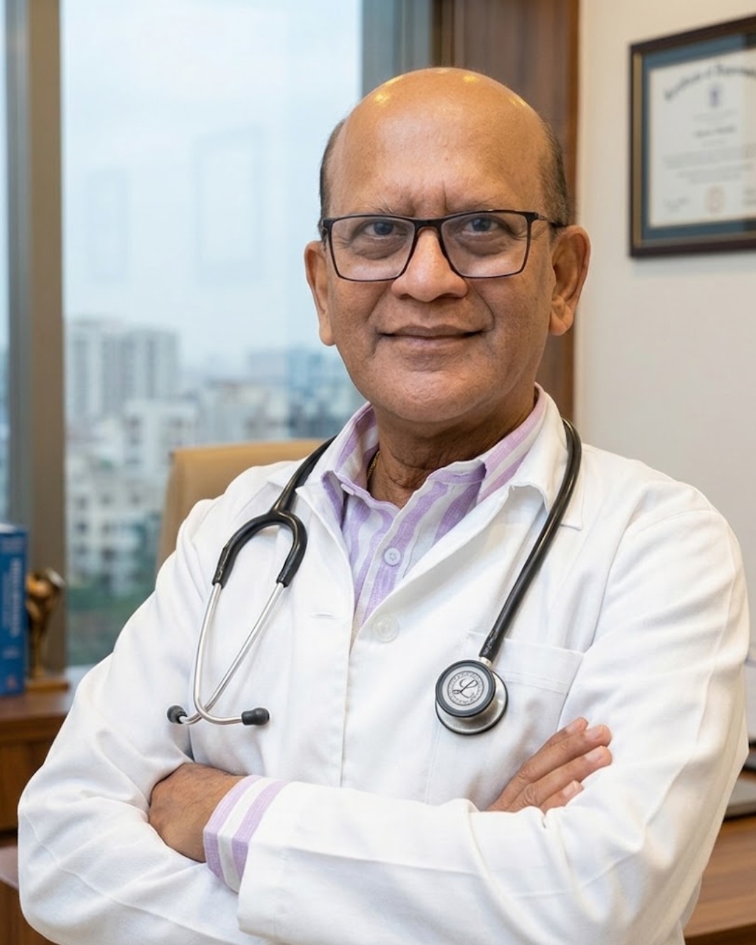 WhatsApp Image 2026-07-10 at 164953 1 | Dr Swetha Cosmodermcentre Male doctor with glasses in a white coat and stethoscope, arms crossed in a clinic environment