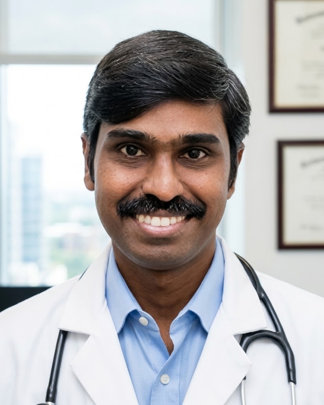 WhatsApp Image 2026-07-10 at 164953 2 | Dr Swetha Cosmodermcentre Smiling male doctor in a white coat with a stethoscope in a medical office.